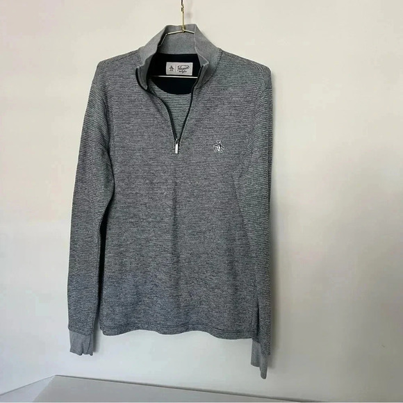 Penguin 1/4 Zip Sweater Heather Black/Gray Textured Size Medium High Neck - Picture 1 of 11
